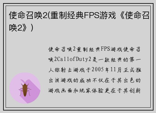 使命召唤2(重制经典FPS游戏《使命召唤2》)